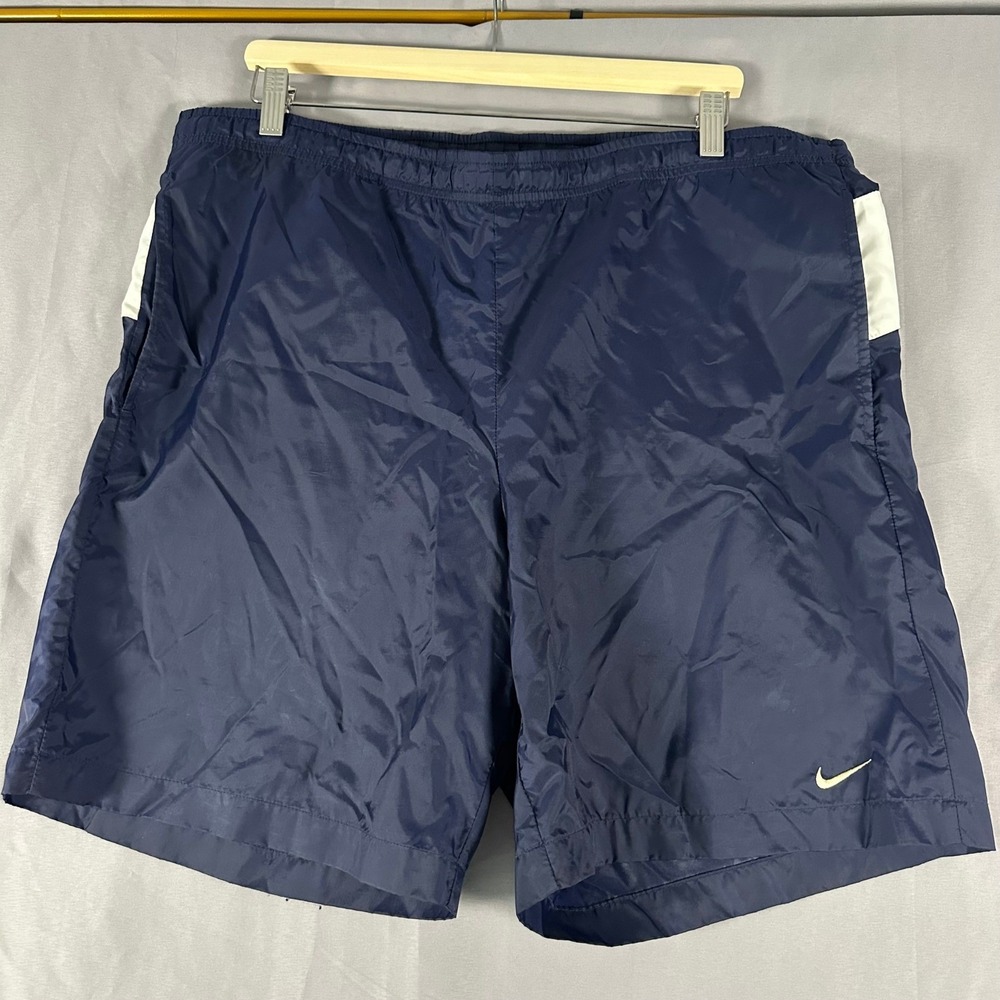 Nike Mens Large Navy Blue Nylon Mesh Lined Athletic Shorts White Logo Panel